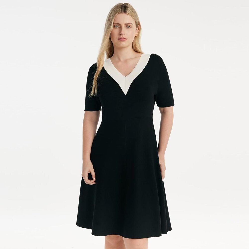 Women Fitted Knit Short Sleeve V Neck Black Mini Dresses for Work Dinner